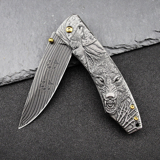 Wolf-Embossed Handle Folding Outdoor Camping Pocket EDC Tool