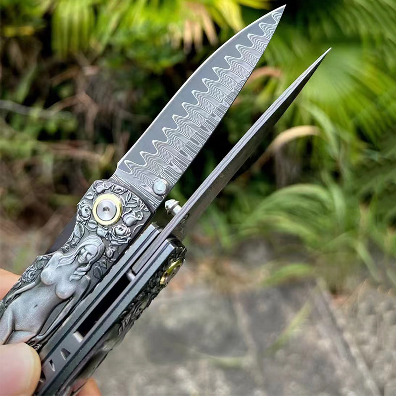 Double Sided Engraved Vintage Handle Folding Damascus Outdoor Pocket Tool