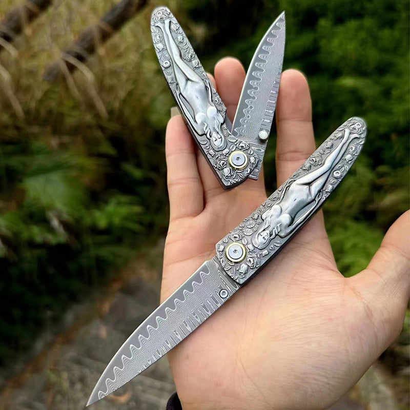 Double Sided Engraved Vintage Handle Folding Damascus Outdoor Pocket Tool
