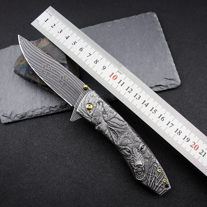 Wolf-Embossed Handle Folding Outdoor Camping Pocket EDC Tool