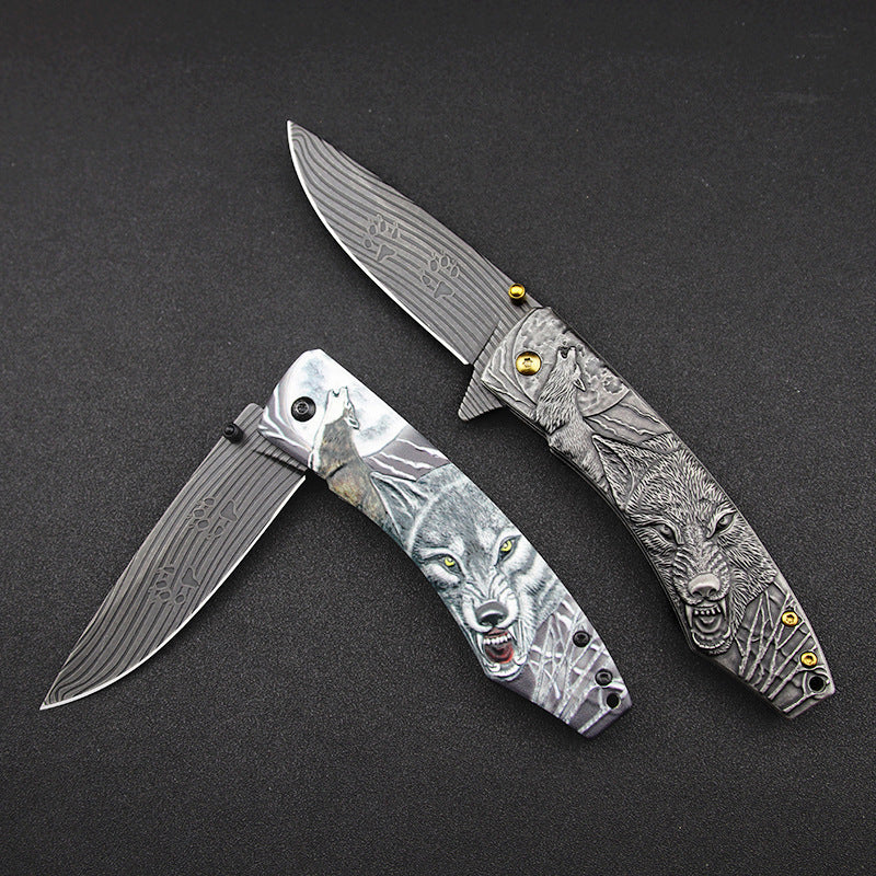Wolf-Embossed Handle Folding Outdoor Camping Pocket EDC Tool