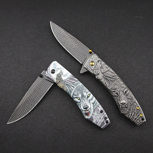 Wolf-Embossed Handle Folding Outdoor Camping Pocket EDC Tool