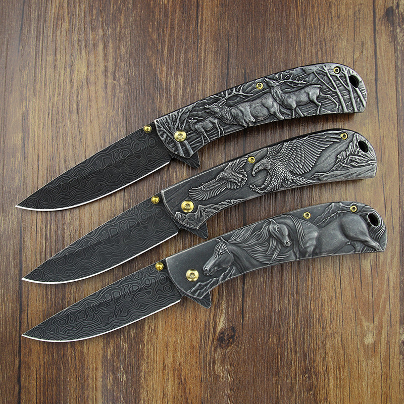Sheep Eagle Horse-Embossed Handle Folding Outdoor Pocket EDC Tool