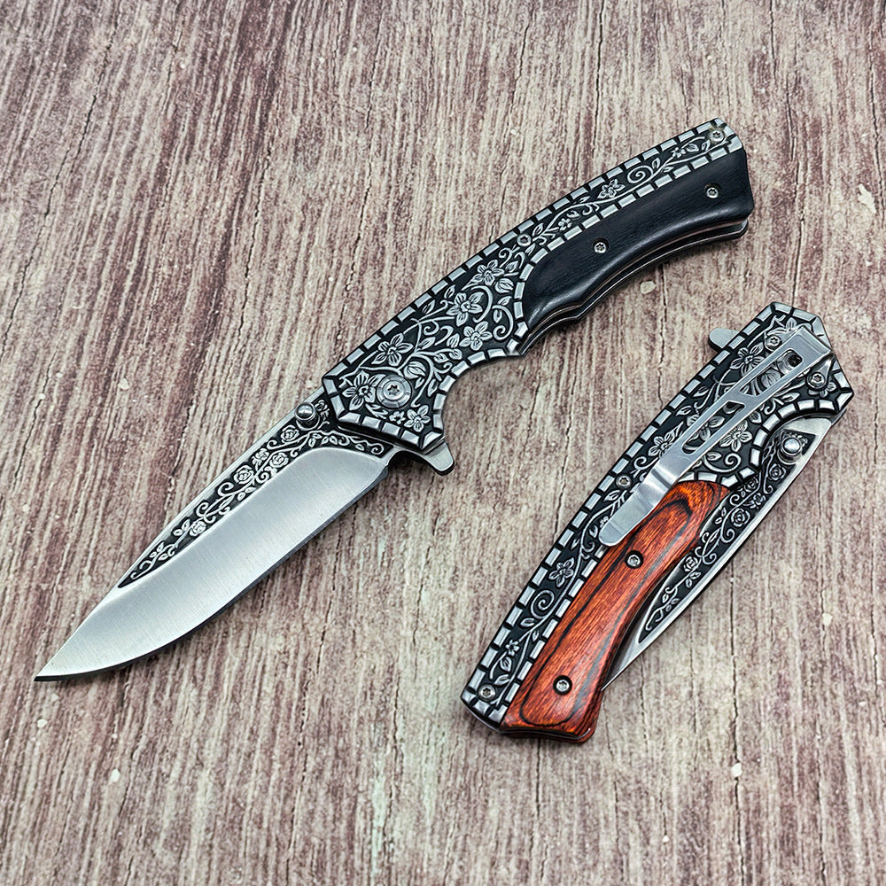J21 440 Steel Carved Wooden Handle Folding Outdoor Tools