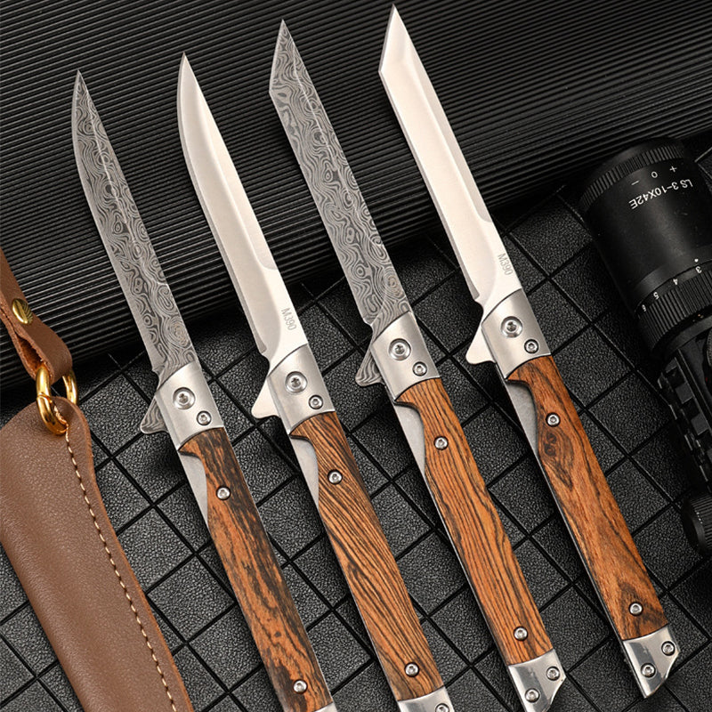 Wood Handle Folding Damascus Pattern Pocket Tool