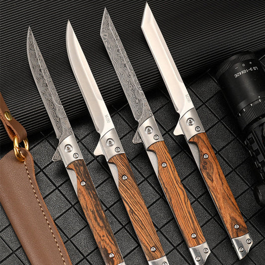 Wood Handle Folding Damascus Pattern Pocket Tool