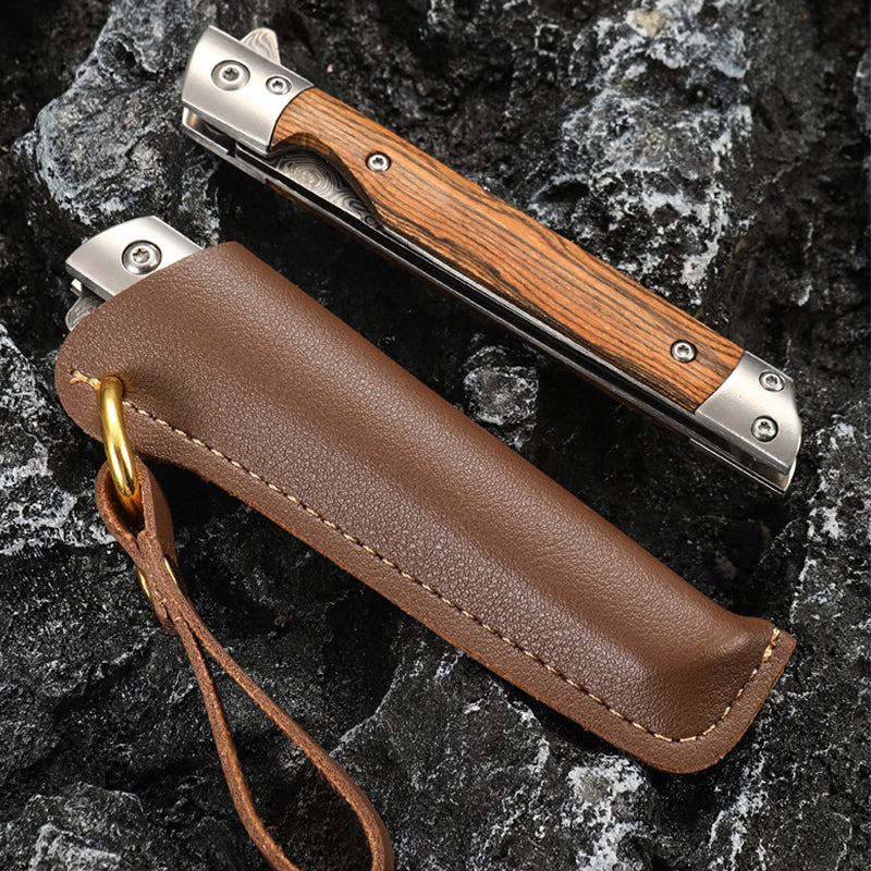 Wood Handle Folding Damascus Pattern Pocket Tool