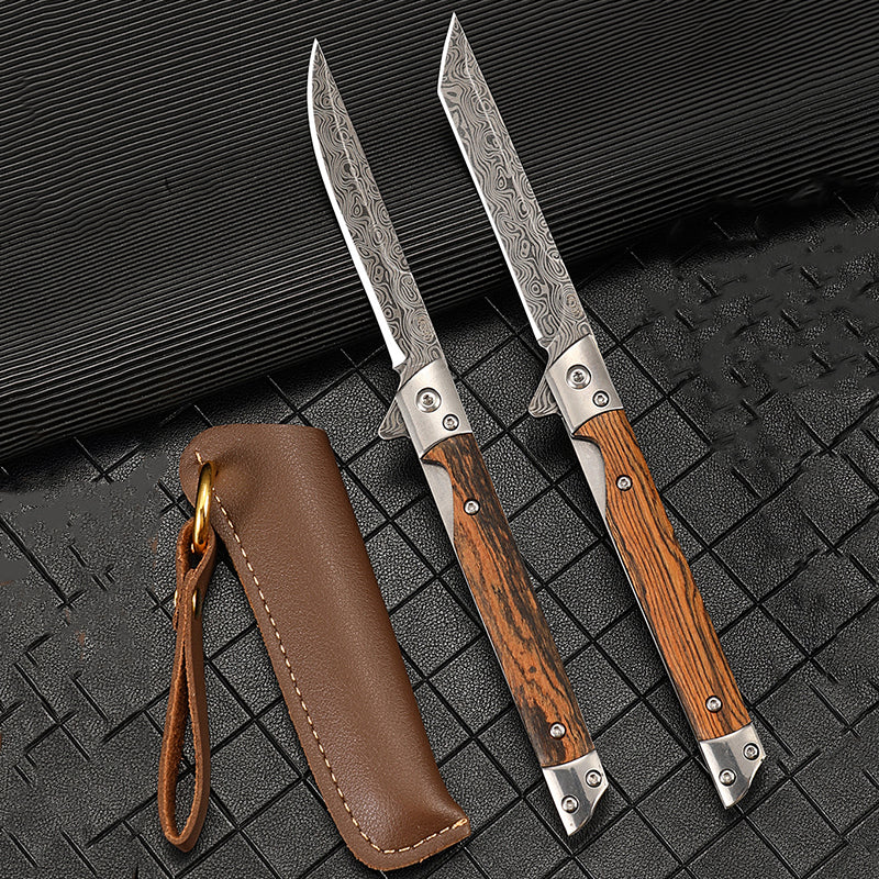Wood Handle Folding Damascus Pattern Pocket Tool