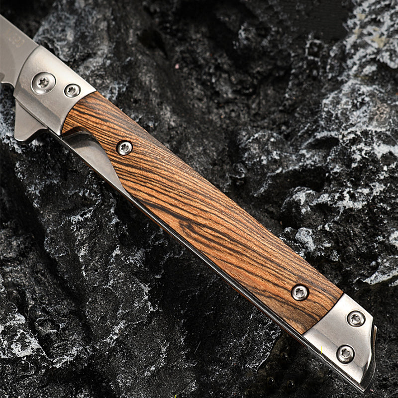 Wood Handle Folding Damascus Pattern Pocket Tool